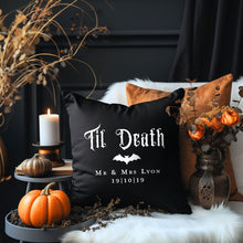 Load image into Gallery viewer, Til Death custom wedding throw pillow with personalised names &amp; wedding date, perfect gift for a gothic wedding.
