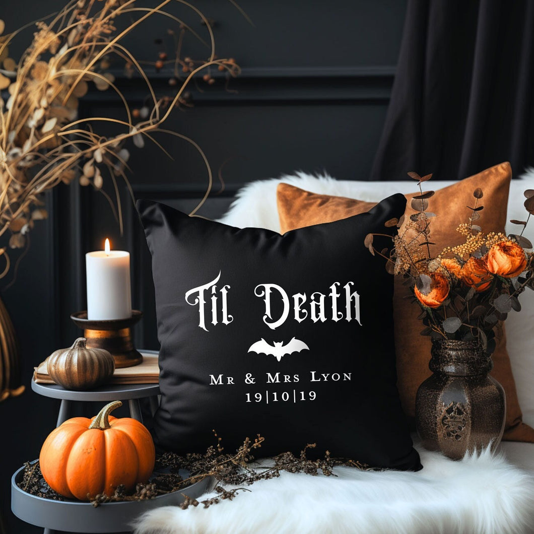 Til Death custom wedding throw pillow with personalised names & wedding date, perfect gift for a gothic wedding.