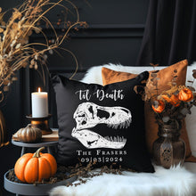 Load image into Gallery viewer, bespoke T-Rex dinosaur skull cushion which reads 'Til Death'. Perfect wedding gift for dinosaur enthusiasts.
