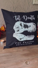 Load and play video in Gallery viewer, Til Death T-Rex Skull Gothic Wedding Gift Cushion Cover with Surnames &amp; Wedding Date | Gothic Decor | Anniversary | Newlyweds
