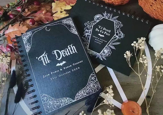 Custom Gothic T-Rex Skull Botanical Til Death | Wedding Guest Book | Journal | Notebook A5